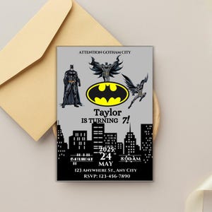 Convite de aniversário editável do Batman - Cartão de festa de super-herói para imprimir para crianças - Modelo de convite de herói sombrio para download instantâneo