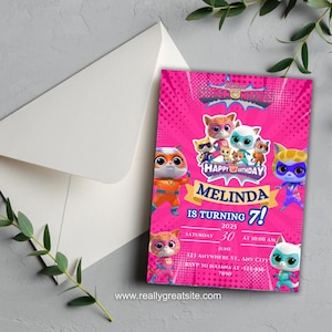 Convite de aniversário editável de gato herói | Cartão digital para festa infantil para impressão | Modelo de convite de supergato | Cartão de aniversário fofo de gatinho