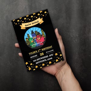 Convite de aniversário personalizado PJ Masks – perfeito para festas infantis, personalize com detalhes, design divertido de herói, envio rápido, impressão de alta qualidade