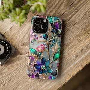 Floral Stained Glass Effect iPhone 16 Pro Plus 15 14 13 Pro Max Plus Cases | Rose Gold and Pastel Colored Wildflowers | Samsung s24, Pixel 9