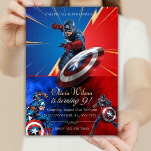 Convites para Festa dos Vingadores para Crianças | Convite do Herói Capitão América | Cartão de Aniversário de Super-herói Editável e Imprimível | Download Digital