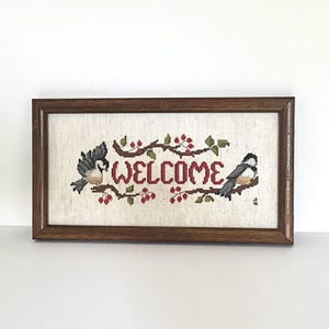 Vintage Welcome Cross Stitch Art, Framed Embroidered Bird Art, Housewarming Gift, Blue Bird Needlepoint Art, Cottage Decor, Entryway Art