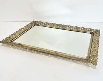 Vintage Gold Filigree Mirror Tray: Rectangle Vanity Perfume Display