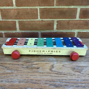 Vintage Fisher Price Pull A Tune Xylophone Toy, Vintage Wooden Fisher Price Toy, Toy Collector, Vintage Childrens Toy, Wood Wheels, Pull Toy