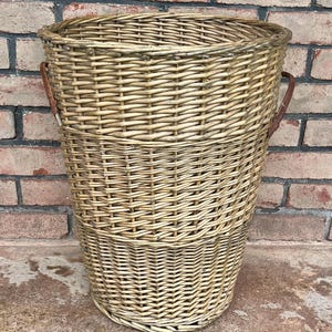 Large Vintage Wicker Basket with Leather Handles, Tall Basket, Woven Basket, Laundry Basket, Large Decor Basket, Linen Basket, Storage