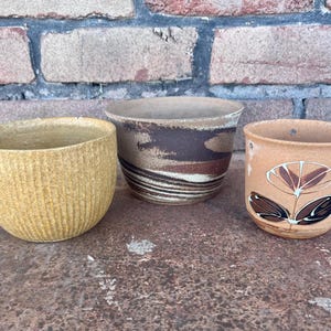 May include: Three ceramic planters in different styles. The planter on the left is yellow with a ribbed texture. The planter in the center is brown with a swirl pattern. The planter on the right is brown with a white flower design.