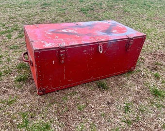 Vintage Red Wood Trunk, Rustic Blanket Box, Storage Chest, Wooden Storage Trunk