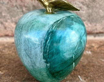 Vintage Green Marble Apple Paperweight: Brass Accent Decor