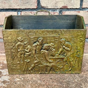 Vintage Brass Magazine Rack, Mid Century Hammered Brass Storage Box, Repousse Magazine Rack, Embossed Brass, Brass and Wood, English