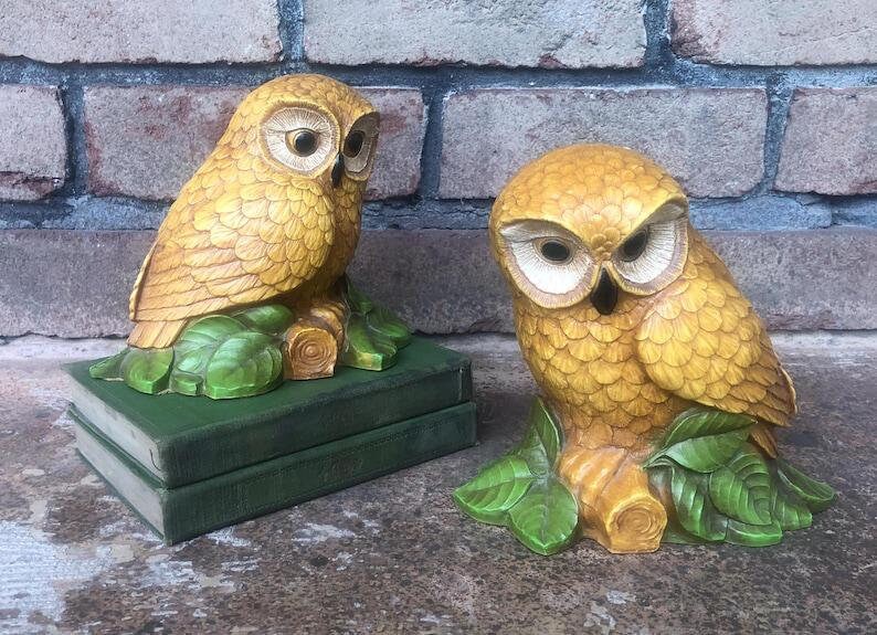 Vintage Owl Set, Pair of Owls, Resin Owl Statues, Retro Owl Decor, Unique Bookends, Vintage Owl Deco