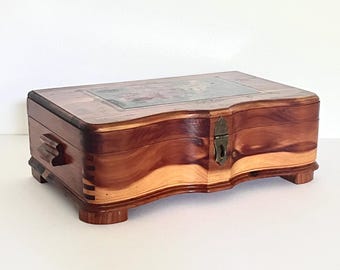 Vintage Cedar Jewelry Box: Floral Design, Small Treasure Chest