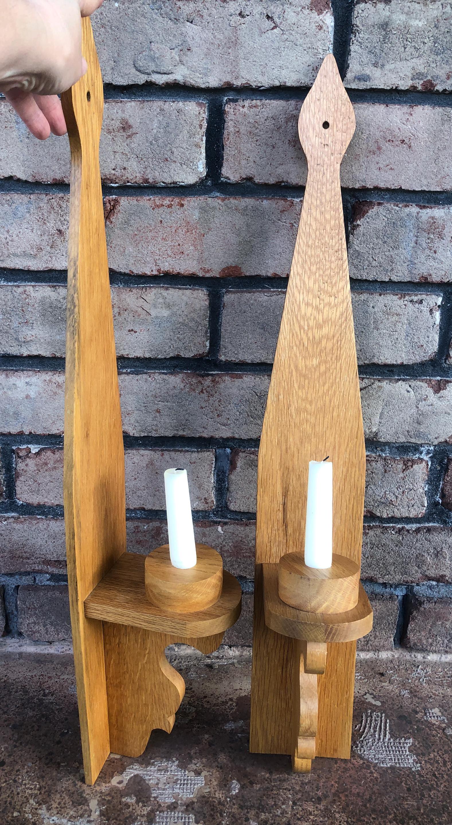 Vintage Oak Wall Candle Sconces, Wood Wall Candleholders, Tall Wall