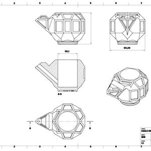Op de afbeelding: Technische tekening van een geometrisch object, met meerdere aanzichten en afmetingen. Het object heeft een hoekig ontwerp met een vogelachtig profiel. Afmetingen zijn in millimeters, met een breedte van 69,20 mm en een hoogte van 30,1 mm. De tekening bevat de tekst "EAGLE ONE".