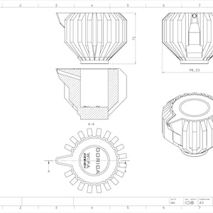 Op de afbeelding: Technische tekening van een mechanisch onderdeel, met verschillende aanzichten, waaronder boven-, zij- en doorsneden. Afmetingen aangegeven, hoogte 71 mm, basis 98,23 mm. Het ontwerp bevat de tekst "DORICA #X".