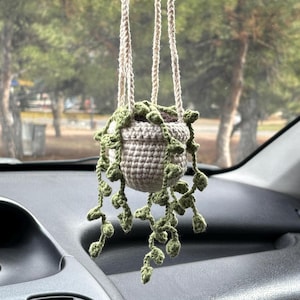 Personalized Cute Crochet Car Accessories, Car Plant, Hanging Flower Pot Rearview Mirror Ornament, Green Leaves Car Charm, Interior Decor