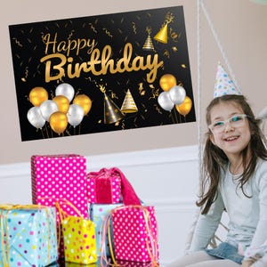 Banner de Feliz Cumpleaños en Negro y Dorado con Globos y Gorras de Fiesta – Decoración Elegante para Interior o Exterior
