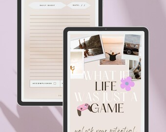 Puede incluir: Dos tabletas digitales con marcos negros. Una muestra un diseño de planificador diario con las palabras "DAILY QUEST" y "DATE / /." La otra tableta presenta el texto "WHAT IF LIFE WAS JUST A GAME" con una flor y un gráfico de mando de juego.