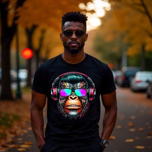 May include: Black t-shirt with a colourful graphic of a monkey wearing headphones and sunglasses. The design uses neon colours and detailed artwork. The image is set against a blurred outdoor background.