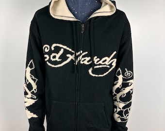 Vintage Distressed Ed Hardy Reversible Hoodie Full Zip Ed Hardy
