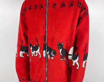 Vintage Cats Fleece Jacket Sherpa Warm Mens Overprint Nature Size S Red
