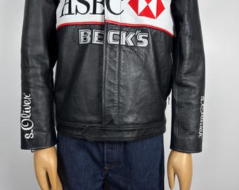 Vintage Jaguar Racing Leather Jacket: HSBC Becks Big Logo, Mens