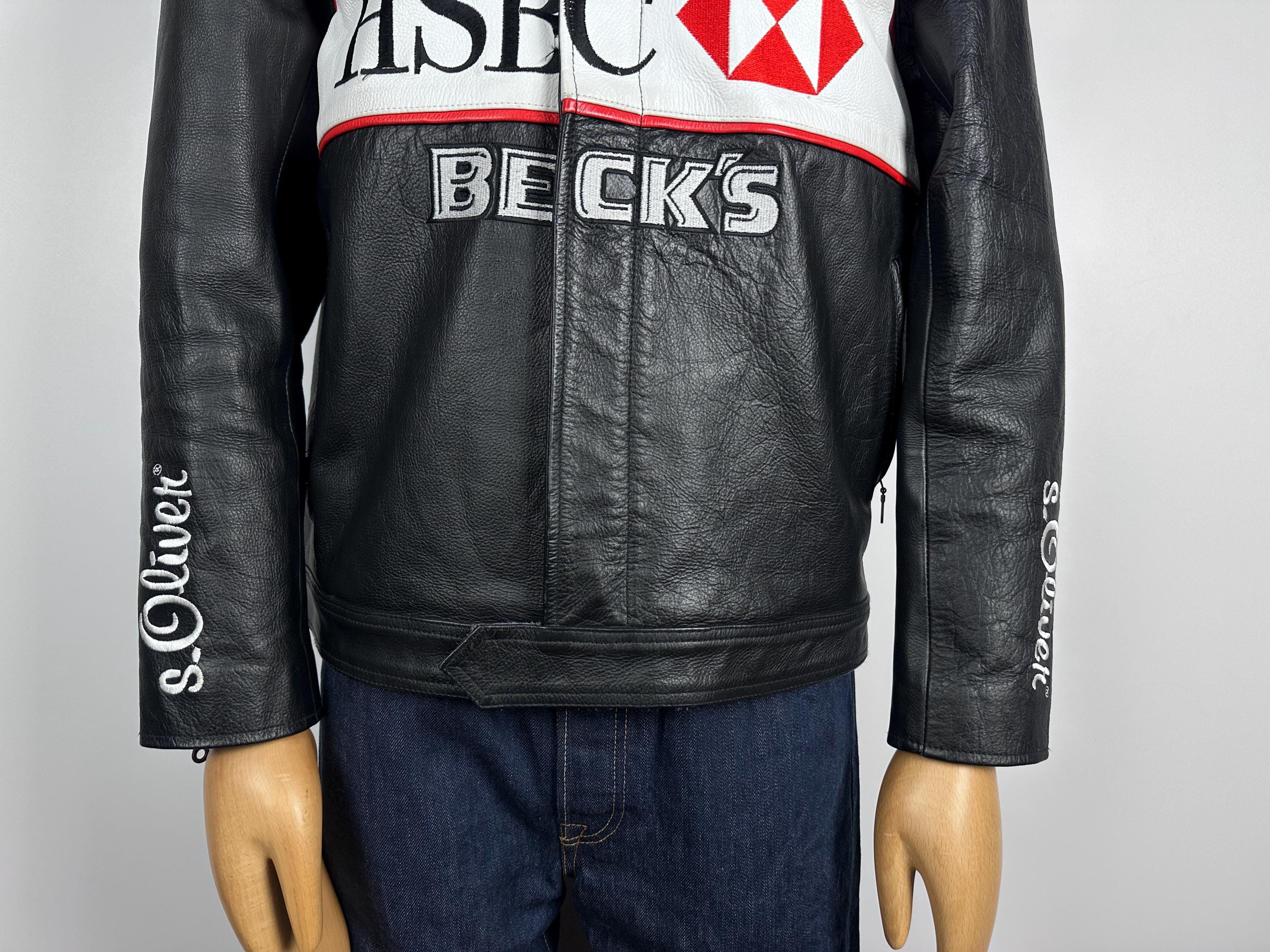 Vintage Jaguar Racing Leather Jacket: HSBC Becks Big Logo, Mens