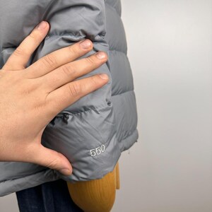 Puede incluir: Una chaqueta acolchada gris con un dise&ntilde;o acolchado. El n&uacute;mero "550" est&aacute; impreso en la manga. La chaqueta est&aacute; siendo sostenida por una persona.