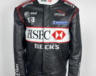 Vintage Jaguar Racing Leather Jacket: HSBC Becks Big Logo, Mens Size L