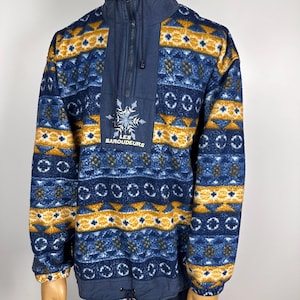 vintage FLEECE sweater 1/4 Zip Size XL rare retro wear men&#39;s 90s jumper blue zipped winter ski outfit outdoor letter pattern