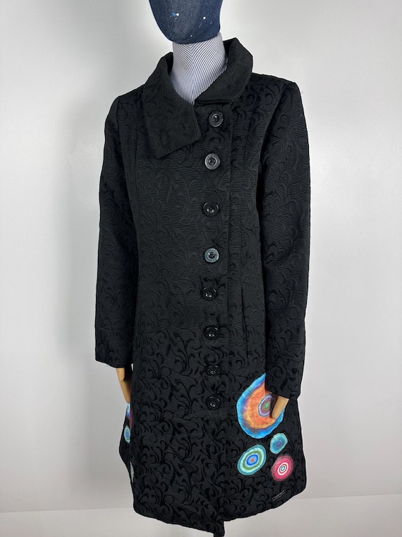Desigual Coat Women’s Black Long Line Trench Button Up Dragon Size M