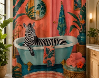 Zebra Bath Curtain, Tropical Jungle, Boho Maximalist Bathroom Decor