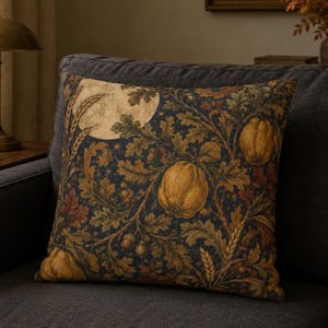 Peut inclure: Un coussin carré présentant un fond bleu marine foncé avec un motif botanique détaillé composé de citrouilles jaune doré, de glands bruns, de feuilles de chêne vertes et d'épis de blé, rehaussé par une grande forme de lune circulaire pâle.