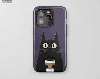 Retro Cat with Coffee Design Phone Case - 3 Colors - MagSafe, Tough, Snap Cover