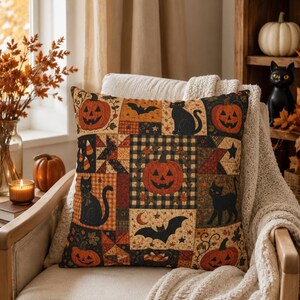 Housse de coussin patchwork Halloween, housse de coussin matelassée vintage citrouille fantôme, décoration d'intérieur automnale effrayante avec chat noir