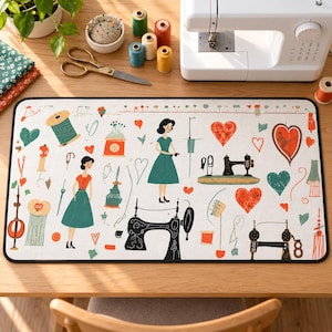 May include: A rectangular sewing mat featuring a cream background with a repeating pattern of illustrations including two women in dresses, vintage sewing machines, spools of thread, and red and green hearts, all outlined in a dark border.