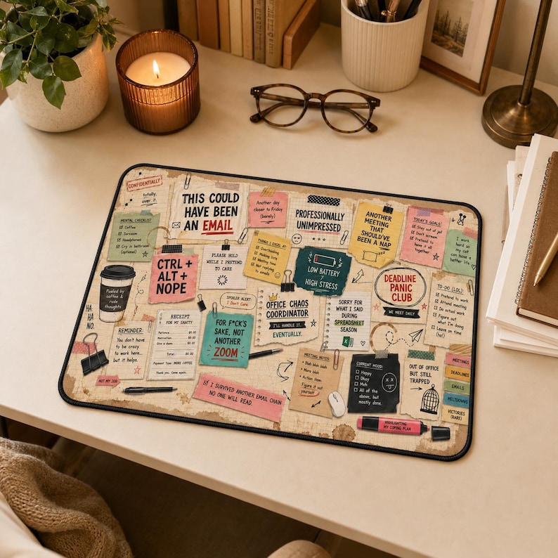 May include: A rectangular desk mat featuring a collage of sticky notes, checklists, and office-themed graphics. The design includes text such as This Could Have Been An Email, Professionally Unimpressed, and Deadline Panic Club, alongside illustrations of a coffee cup, pens, and paper clips.