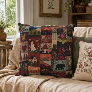Peut inclure: Un coussin carré avec un motif patchwork composé de diverses illustrations sur le thème de la nature, notamment un lapin blanc, un ours noir, une petite maison, des sapins, des champignons, des oiseaux rouges et des motifs floraux aux tons rouge, vert et brun.