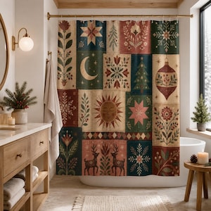 May include: A shower curtain featuring a patchwork design of rectangular panels with holiday-themed illustrations including a crescent moon, a sun with a face, reindeer, snowflakes, a Christmas tree, a bauble, and various floral and botanical motifs.