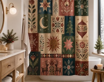 Rideau de douche patchwork hivernal, motif cerf et étoile, décoration de salle de bain style nordique, 71 x 74 pouces.