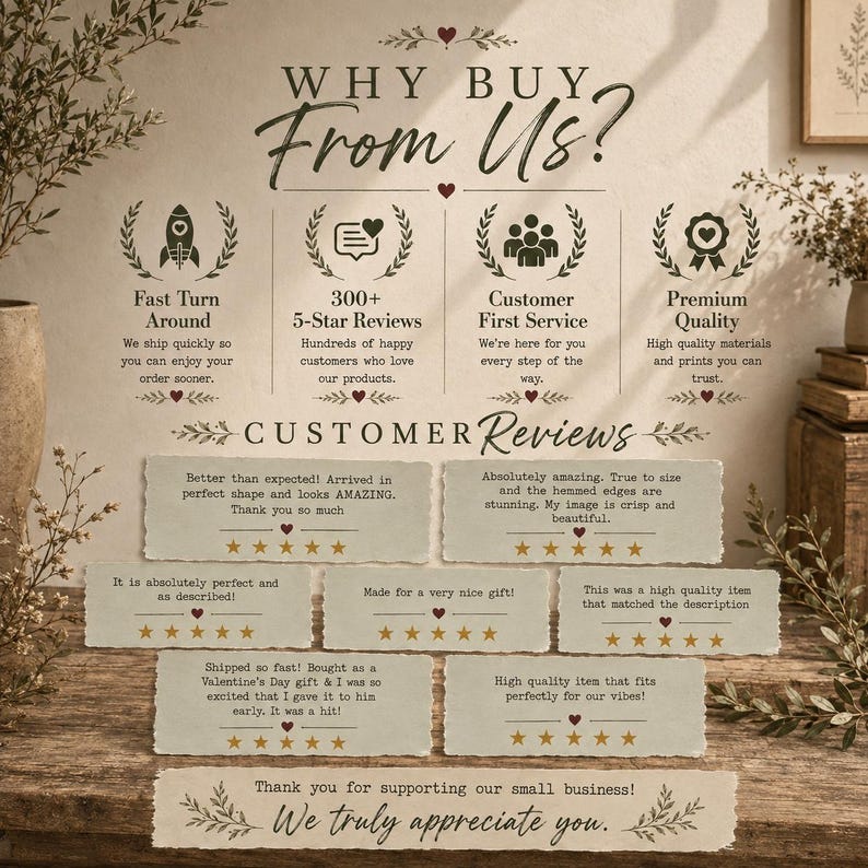 May include: An informational graphic titled Why Buy From Us? featuring four icons representing fast turnaround, 300+ 5-star reviews, customer service, and premium quality. Below are seven customer review snippets with five-star ratings and a thank you note.