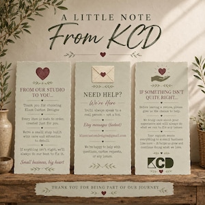 May include: Three rectangular cards with deckled edges featuring dark brown text on a light beige background. The cards include the headings A LITTLE NOTE FROM KCD, FROM OUR STUDIO TO YOU, NEED HELP, and IF SOMETHING ISN'T QUITE RIGHT, with heart icons.