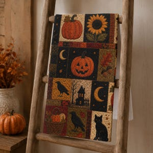 May include: A rectangular fabric towel featuring a patchwork design with seasonal motifs including orange pumpkins, a yellow sunflower, a black cat, black crows, a haunted house silhouette, crescent moons, and autumn leaves on dark backgrounds.
