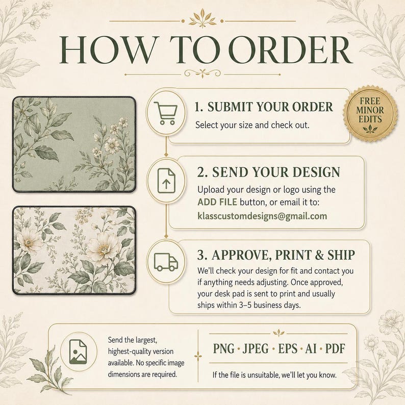 May include: An instructional graphic titled HOW TO ORDER with three steps for custom desk pads. It features two rectangular floral patterns in sage green and cream, a gold seal stating FREE MINOR EDITS, and a list of accepted file formats: PNG, JPEG, EPS, AI, and PDF.