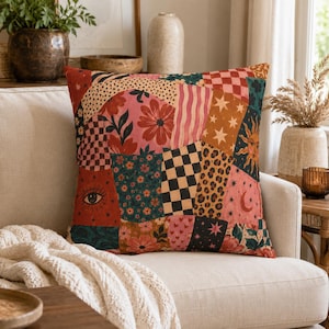 Boho Patchwork Pillow Cover, Retro Floral Cushion Cover, Eclectic Celestial Sofa Pillow, Maximalist Decor