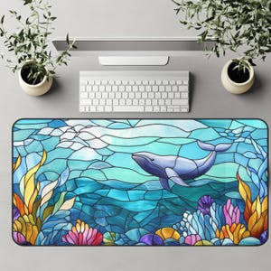 Whale Desk Pad: Stained Glass Ocean Mouse Pad - Neoprene Gaming Mat