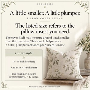 May include: An informational graphic titled A little smaller. A little plumper. Pillow cover sizing. It explains that listed sizes refer to the required pillow insert, with covers measuring 1 inch smaller for a snug fit. Includes an 18x18 inch example.