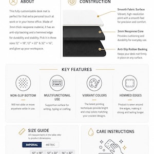 May include: A desk mat product information graphic featuring a smooth fabric surface, 3mm neoprene core, and anti-slip rubber backing. The text includes sections for about, construction, key features, size guide with 30x46, 30x56, and 41x81 cm options, and care instructions.