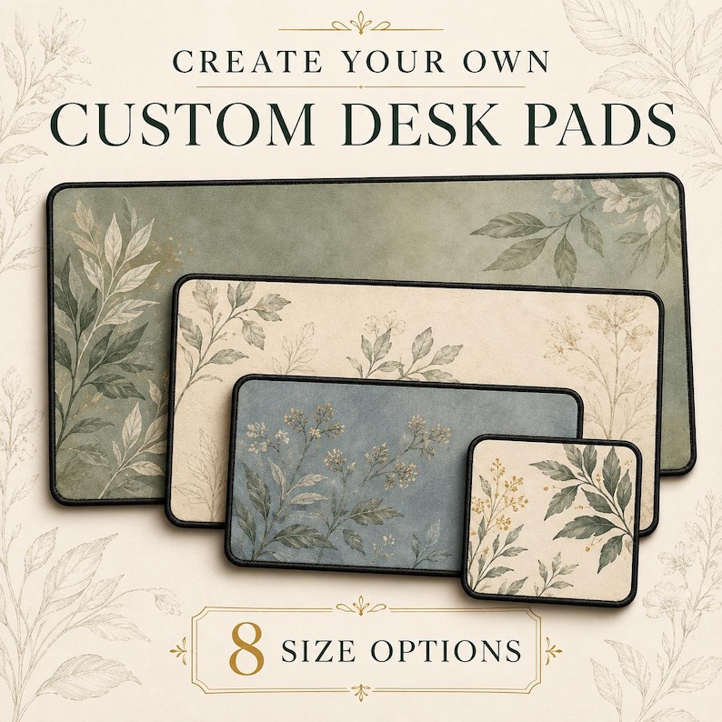 May include: Four rectangular desk pads of varying sizes with black stitched edges. The largest is sage green with leaf illustrations, the medium ones are cream and blue with floral patterns, and the smallest is a square cream floral pad. Text reads CREATE YOUR OWN CUSTOM DESK PADS and 8 SIZE OPTIONS.