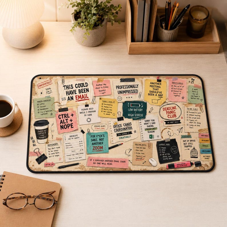 May include: A rectangular desk mat featuring a collage of colourful sticky notes, paper scraps, and office-themed doodles. The notes contain humorous text such as "This could have been an email," "Deadline panic club," and "Office chaos coordinator."