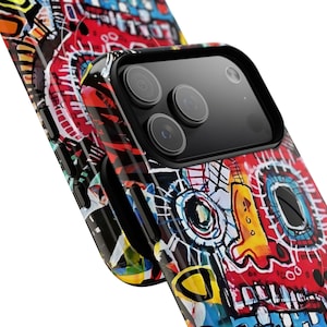 Custodia per telefono con teschio e graffiti astratti – Stile Jean-Michel Basquiat immagine 2